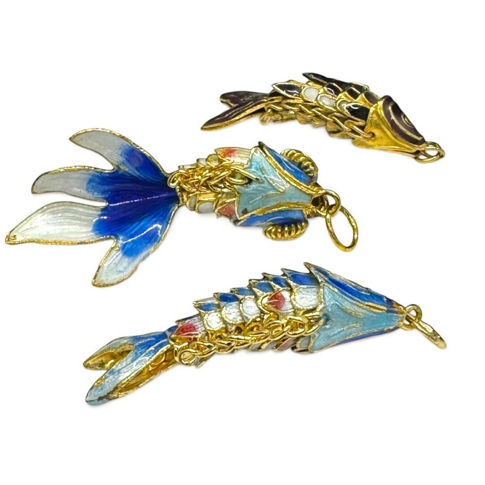 Vintage Chinese Silver Filigree Cloisonné Enamel Articulated Koi Fish Pendants - Picture 3 of 9